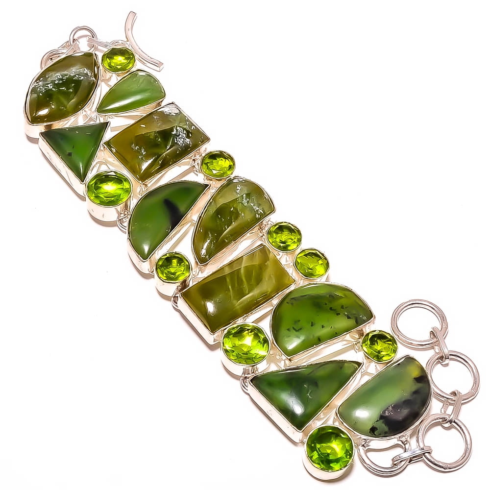 Nephrite Jade & Peridot 925 Silver Plated Bracelet 7-7.99" TB7510-174, Valentine's Day Gift, Birthday Gift, Beautiful Jewelry For Woman & Girls