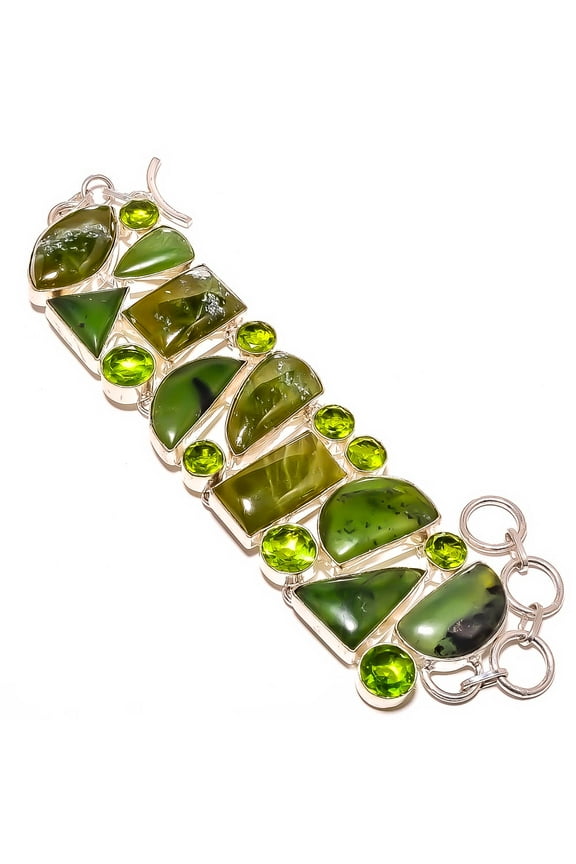 Nephrite Jade & Peridot 925 Silver Plated Bracelet 7-7.99" TB7510-174, Valentine's Day Gift, Birthday Gift, Beautiful Jewelry For Woman & Girls
