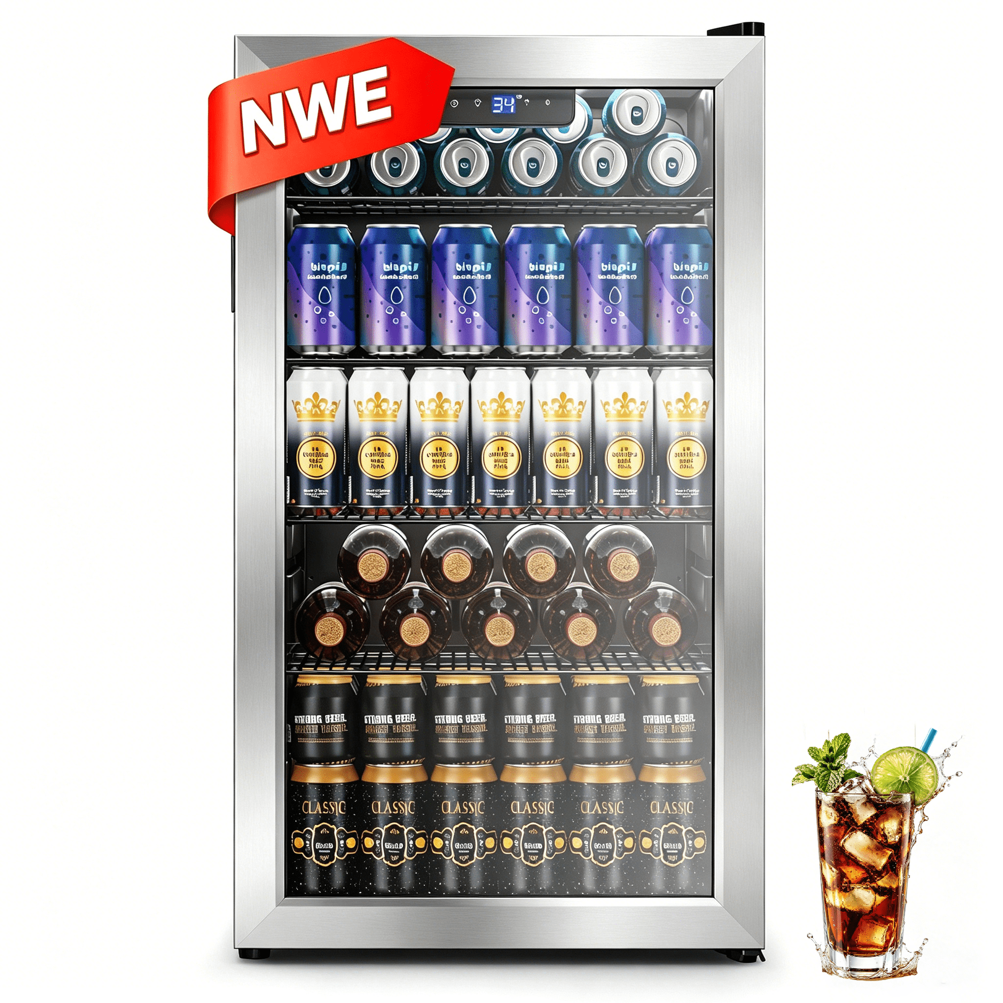 Nepsam 130 Cans Beverage Refrigerator Cooler, Drink Fridge for Soda Wine Beer, Reversible Door & Adjustable Temperature Control for Home Office, Silver