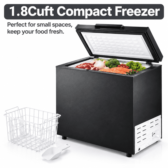 Nepsam 1.8 Cu. Ft. Chest Freezer, Compact Mini Deep Freezer with Removable Basket, 7 Level Adjustable Thermostat, Top Open Door, Black