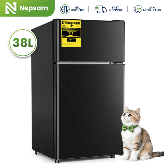 Nepsam 38L Mini Refrigerators, Mini Fridges with Freezer Double Door for Room, Apartment, Black
