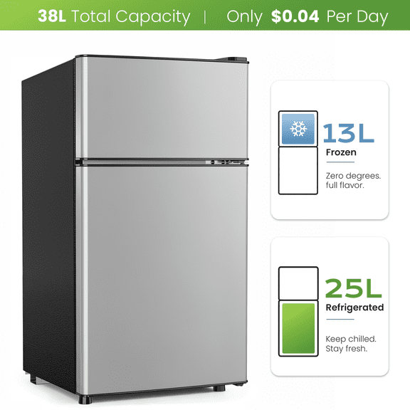 Nepsam Mini Refrigerator with Top Freezer 38 Liter Dual Door Small Refrigerator with 7-Level Adjustable Thermostat for Office, Silver