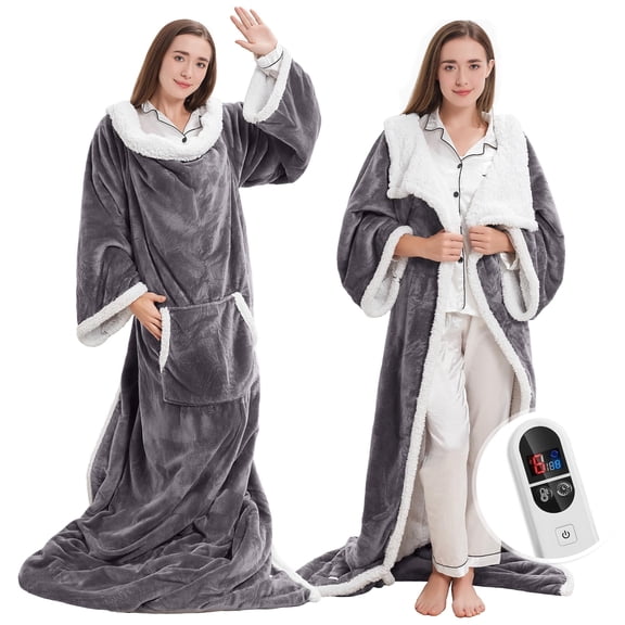 Nepsam Wearable Electric Heated Blanket with Sleeves & Foot Pocket, 6 Heat Levels, 1-12H Timer, Auto Shut-off, Machine Washable, Grey