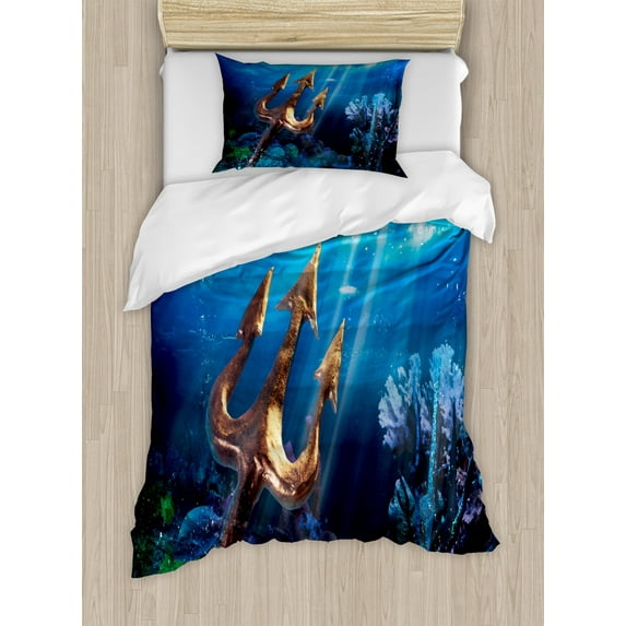 Neptune Duvet Cover Set, Underwater Illustration with a Trident and Vivid Corals, Decorative 2 Piece Bedding Set with 1 Pillow Shams, Twin Size, Cobalt Blue Multicolor, by Ambesonne