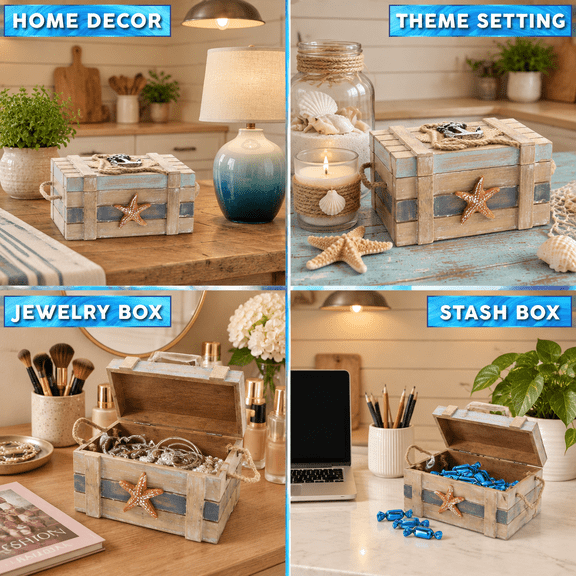 Neptune Nautical Wooden Box With Hinged Lid - 6.5 Inch