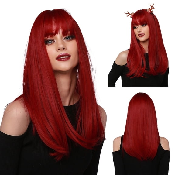 Neptune Red Berry Red Full Bangs Medium Long Straight Hair Wig Women's Fashion Hairstyle Halloween Party Essentials