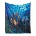 thumbnail image 1 of Neptune Soft Flannel Fleece Throw Blanket, Underwater Illustration with a Trident and Vivid Corals, Cozy Plush for Indoor and Outdoor Use, 70" x 90", Cobalt Blue Multicolor, by Ambesonne, 1 of 5