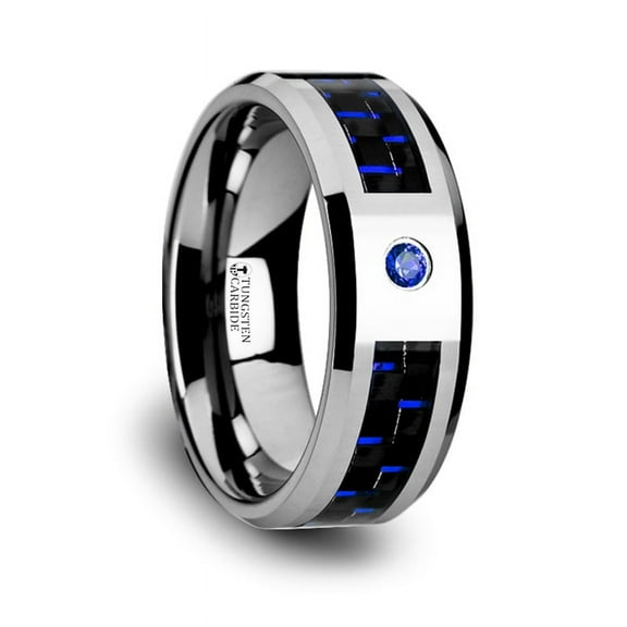 Neptune Tungsten Carbide Ring Black Blue Carbon Fiber Blue Sapphire Setting