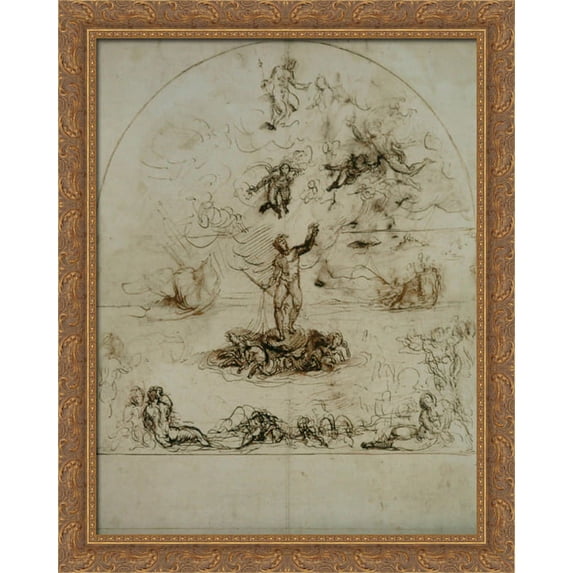Neptune dispersing the clouds and calming the tides 28x34 Large Gold Ornate Wood Framed Canvas Art by Agostino Carracci