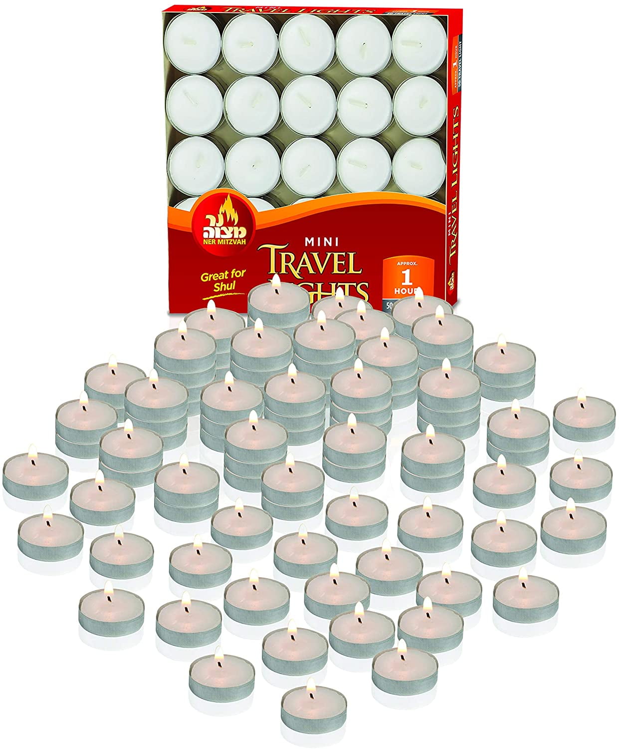 Ner Mitzvah, 1 Hour European Made Unscented Tealight Candles - White (50 Pack)