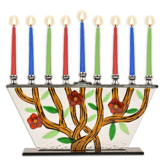 Ner Mitzvah, 10" x 5.5" Hand Crafted Painted Glass Candle Hannukah Menorah - Tree Of Life Flowers