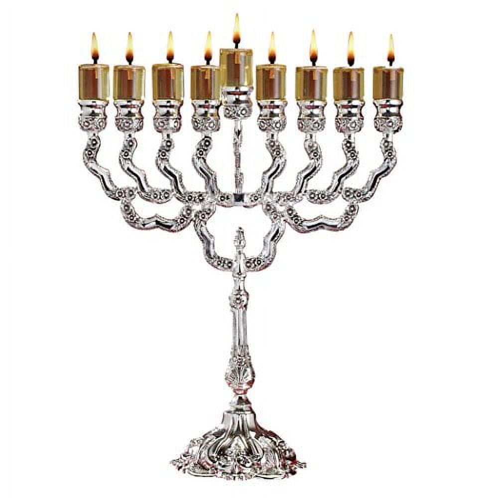 Ner Mitzvah, 11.5" High, Silver Plated Hannukah Oil Cups And Large Candles Menorah - Olive Branches Style