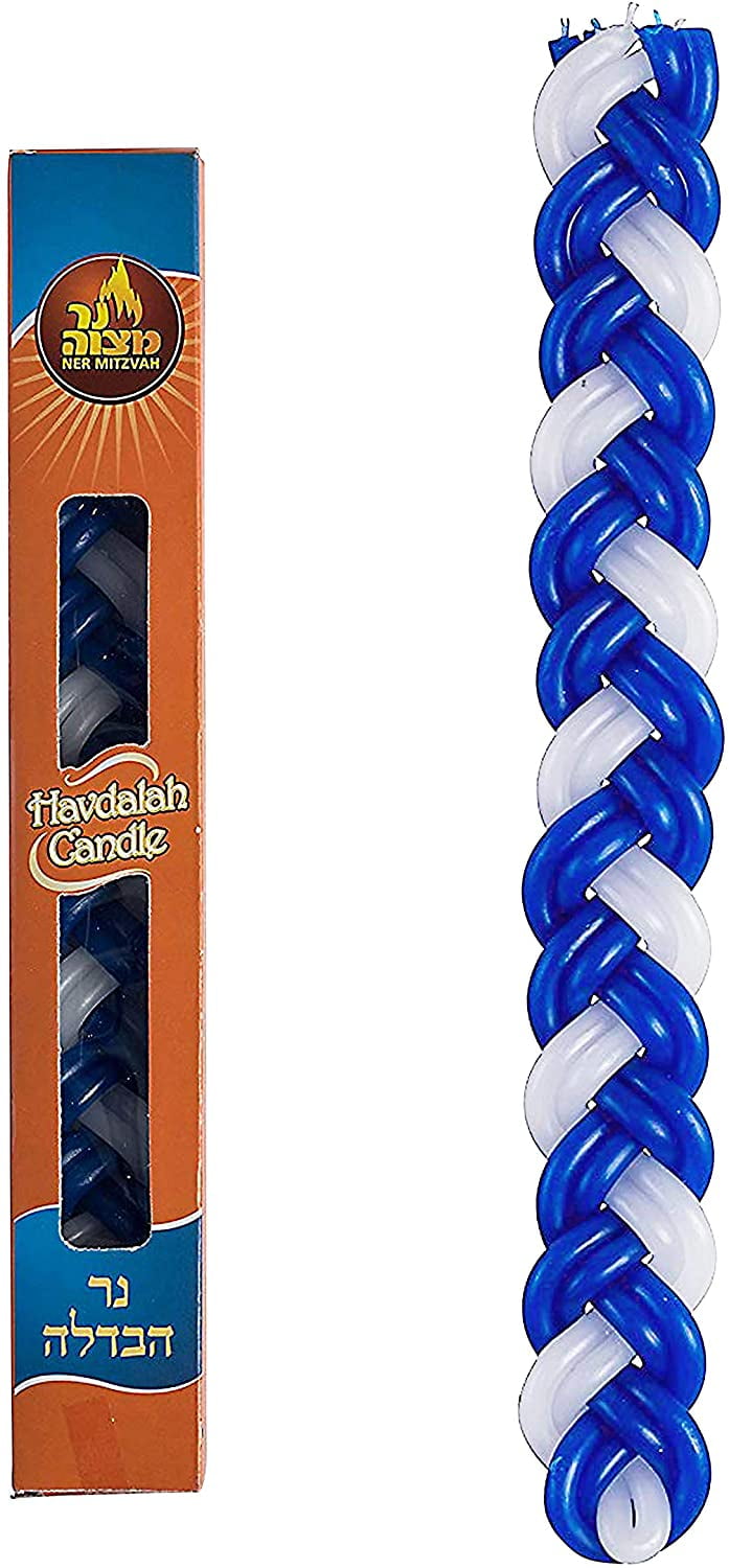 Ner Mitzvah, 11" Handcrafted Braided Havdalah Candle Blue and White