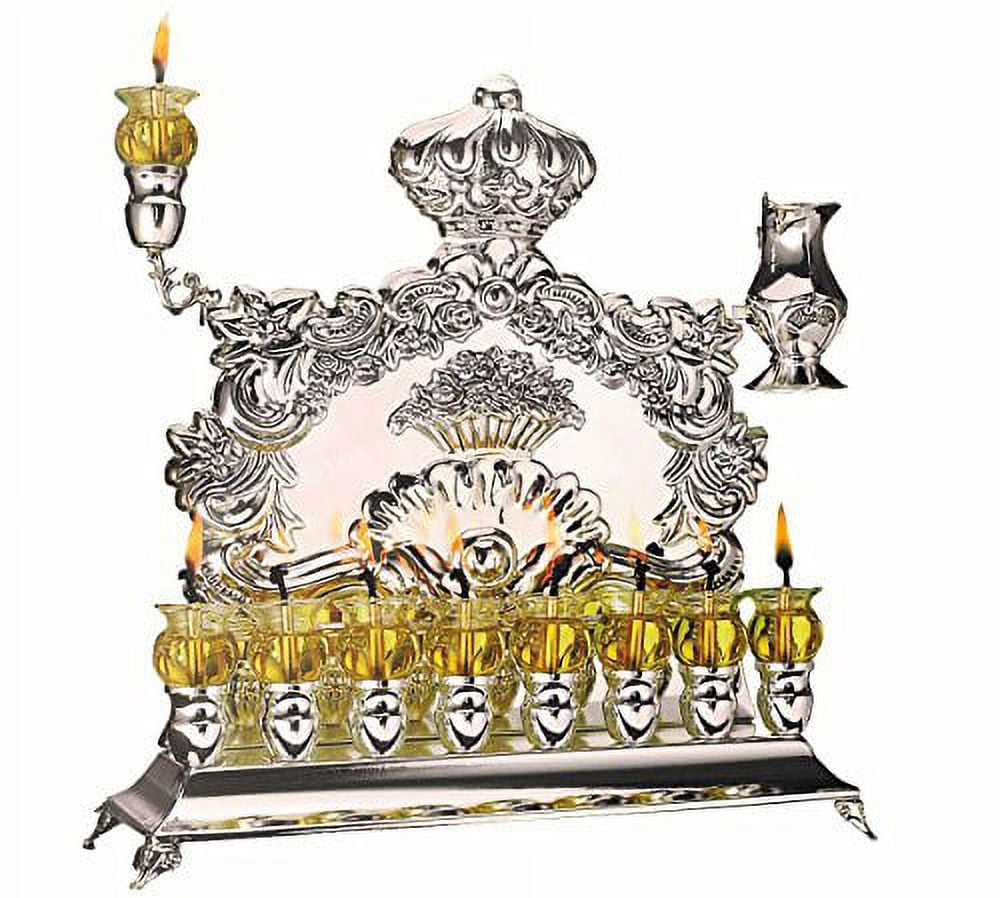 Ner Mitzvah, 11" High, Silver Plated Hannukah Oil Cups And Large