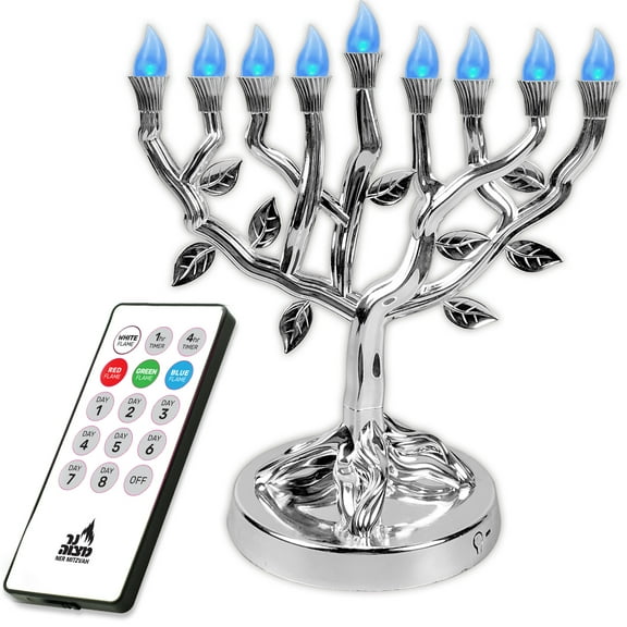 Ner Mitzvah, 12.5" LED Electric Hannukkah Menorah - Tree Of Life Version