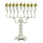 Ner Mitzvah, 14" High, Silver Plated Hannukah Oil Cups And Large Candles Menorah - Olive Branches Style