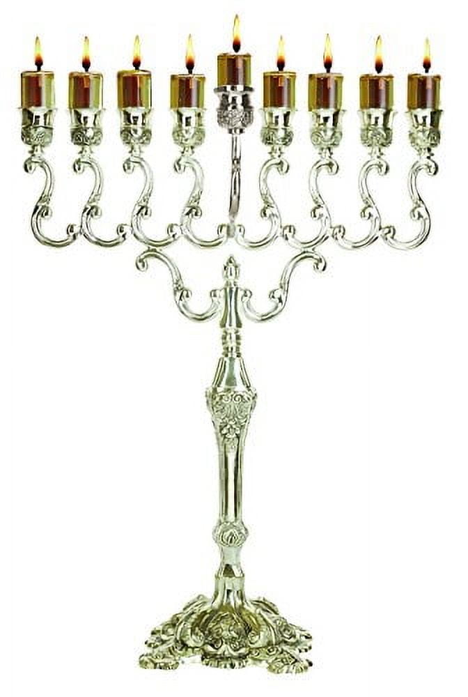 Ner Mitzvah, 16.5" High, Silver Plated Hannukah Oil Cups And Large Candles Menorah - Olive Branches Style