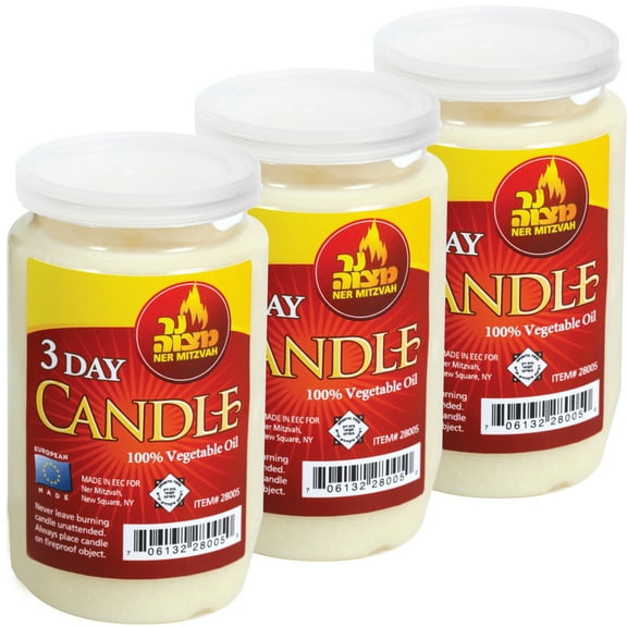 Ner Mitzvah, 3 Day Yartzeit, Memorial, Prayer, Survival Candles in Plastic - White (3 Pack)