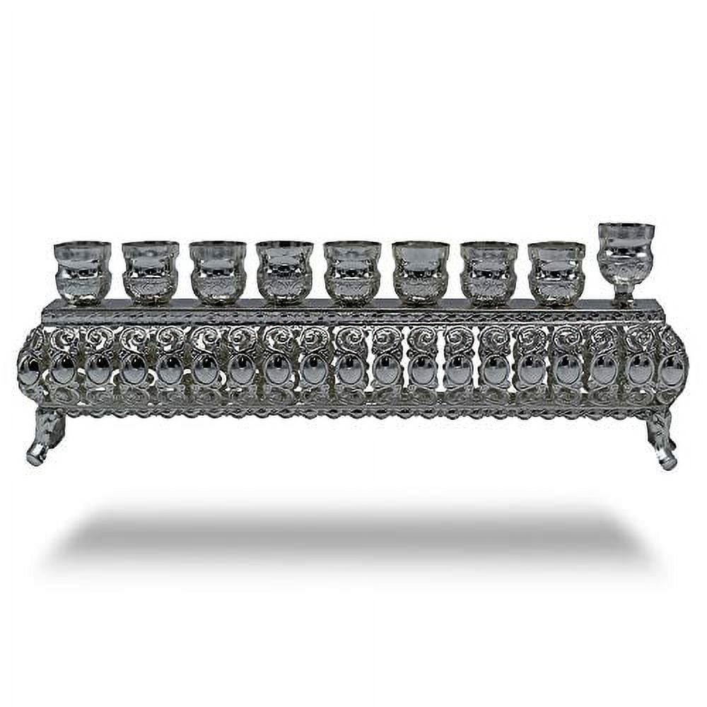 Ner Mitzvah, 3" High, Silver Plated Hannukah Oil Cups And Large Candles Menorah - Bright Wall Style
