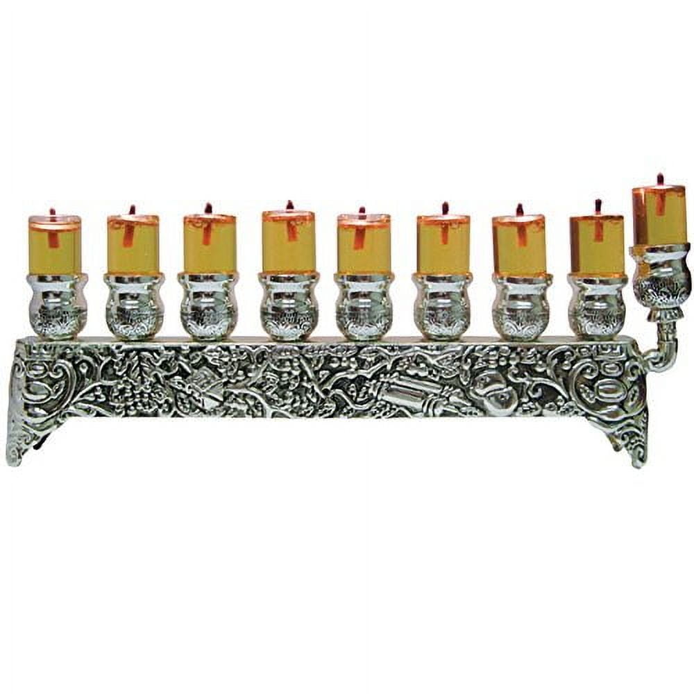 Ner Mitzvah, 3" High, Silver Plated Hannukah Oil Cups And Large Candles Menorah - Rustic Wall Style