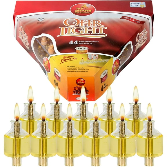 Ner Mitzvah, 3 Hour Pre Filled Chanukah Menorah Oil Candles - For Hanukkah (44 Pack)