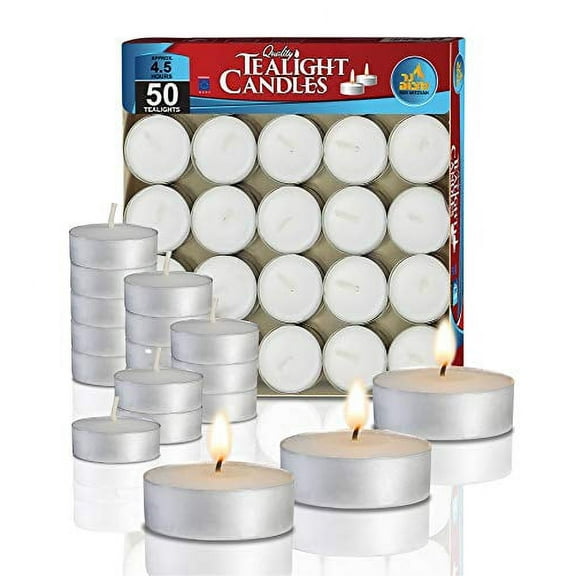 Ner Mitzvah, 4.5 Hour European Made Unscented Tealight Candles - White (50 Pack)