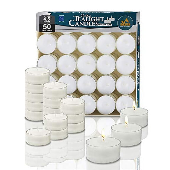 Ner Mitzvah, 4.5 Hour European Made Unscented Tealight Candles - White In Clear Plastic (50 Pack)