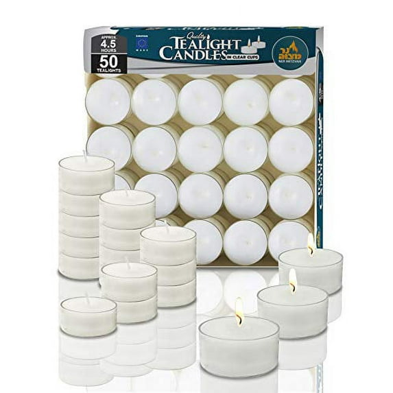 Ner Mitzvah, 4.5 Hour European Made Unscented Tealight Candles - White In Clear Plastic (50 Pack)