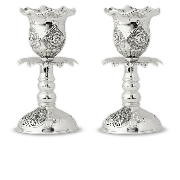 Ner Mitzvah, 4" Silver Plated Candle Stick - Contemporary (2 Pack)