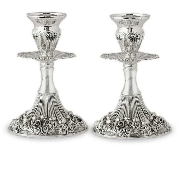 Ner Mitzvah, 5" Silver Plated Candle Stick - Contemporary (2 Pack)