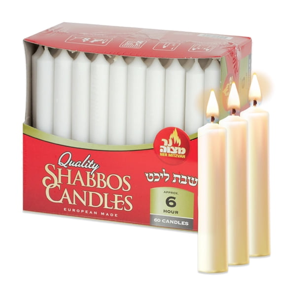 Ner Mitzvah, 6 Hour Candle Lighting Shabbat Candles - White (60 Pack)