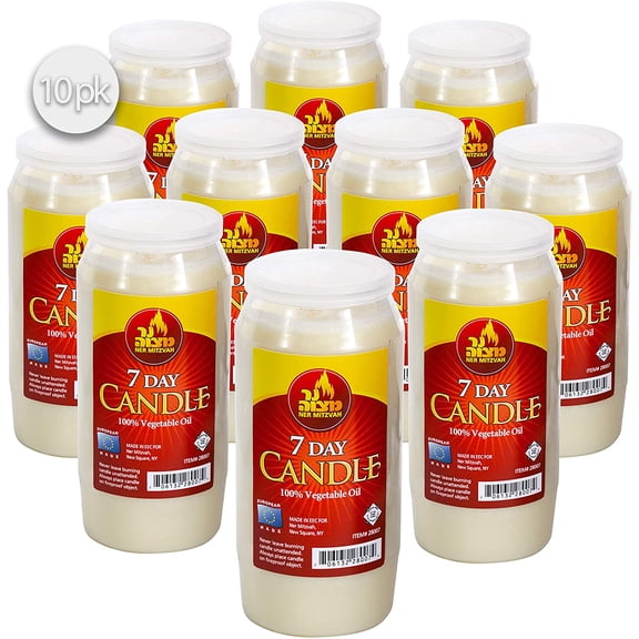 Ner Mitzvah, 7 Day Yartzeit, Memorial, Prayer, Survival Candles in Plastic - White (10 Pack)