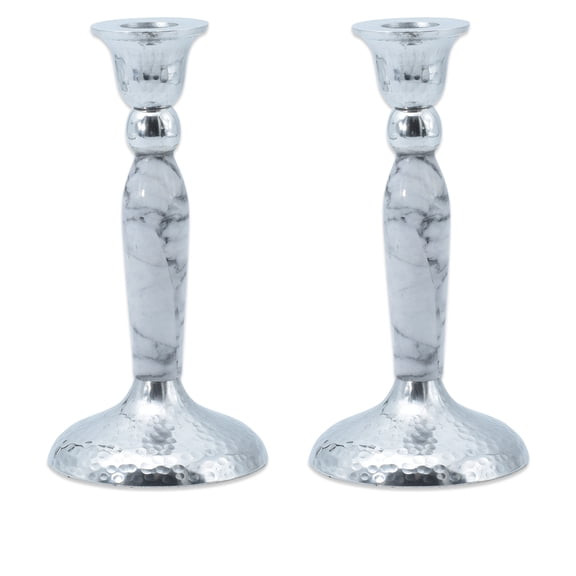 Ner Mitzvah, 7" Marbleized Candle Stick - White (2 Pack)
