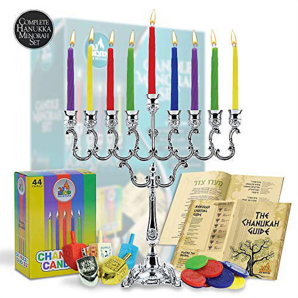 Ner Mitzvah, 7" Menorah Kit, Menorah - Candles - Dreidels - Play Coins - Hannukah Guide - (Complete Chanukah Set)