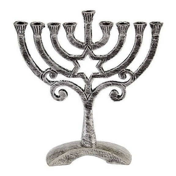 Ner Mitzvah, 7" Vintage Aluminum Candle Hannukah Menorah - Traditional Star Design (Silver)