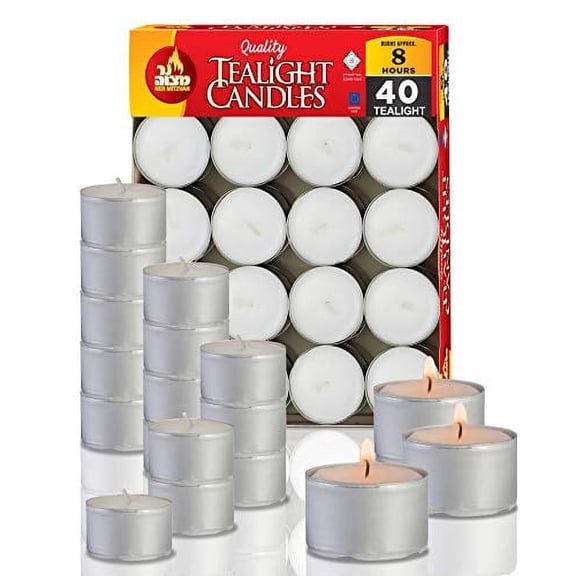 Ner Mitzvah, 8 Hour European Made Unscented Tealight Candles - White (40 Pack)