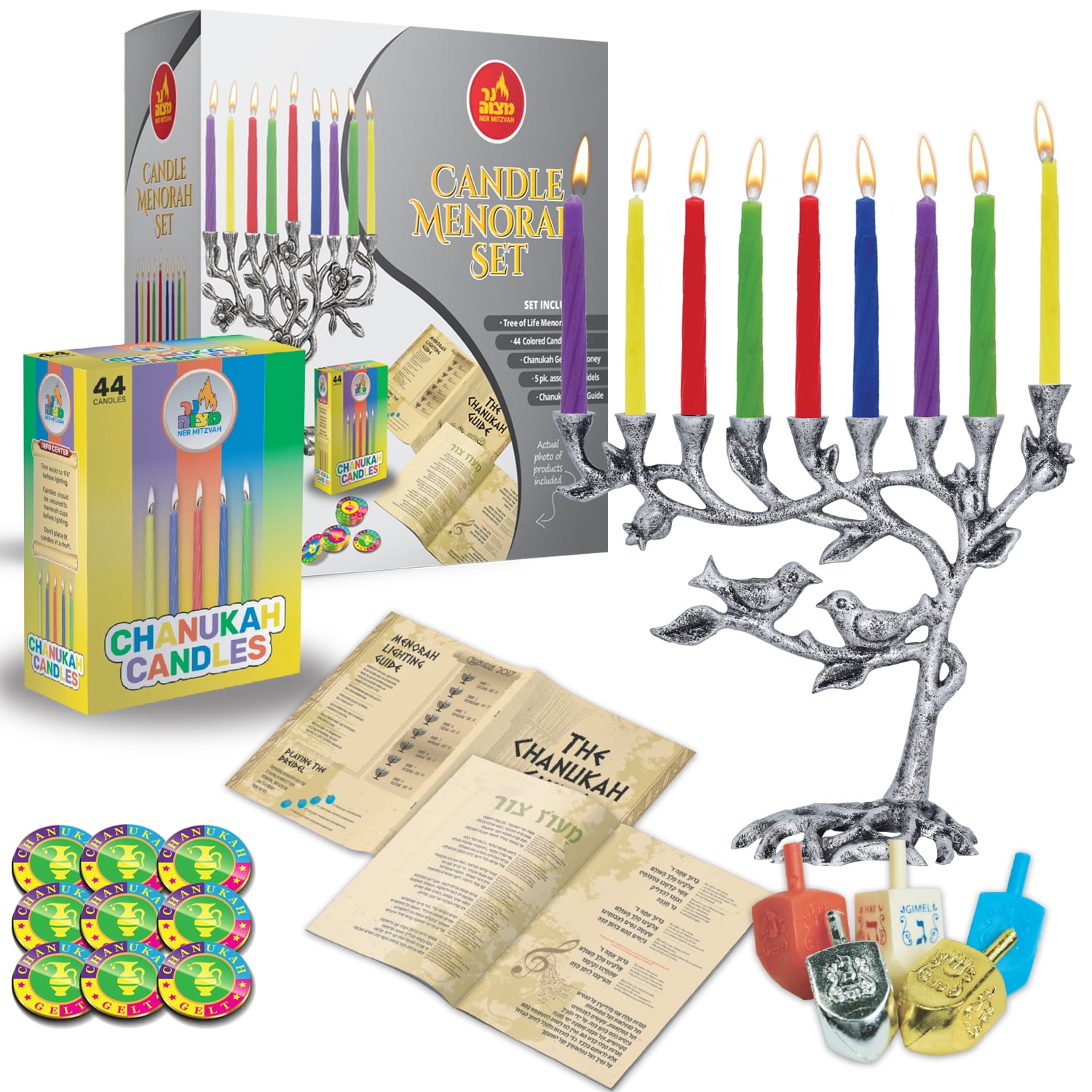 Ner Mitzvah, 8" Menorah Kit, Menorah Candles Dreidels Play Coins