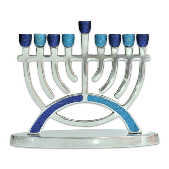 Ner Mitzvah, 9" Standard Size, Aluminum Rounded Hannukah Candle Menorah - Blue And Silver Glitter