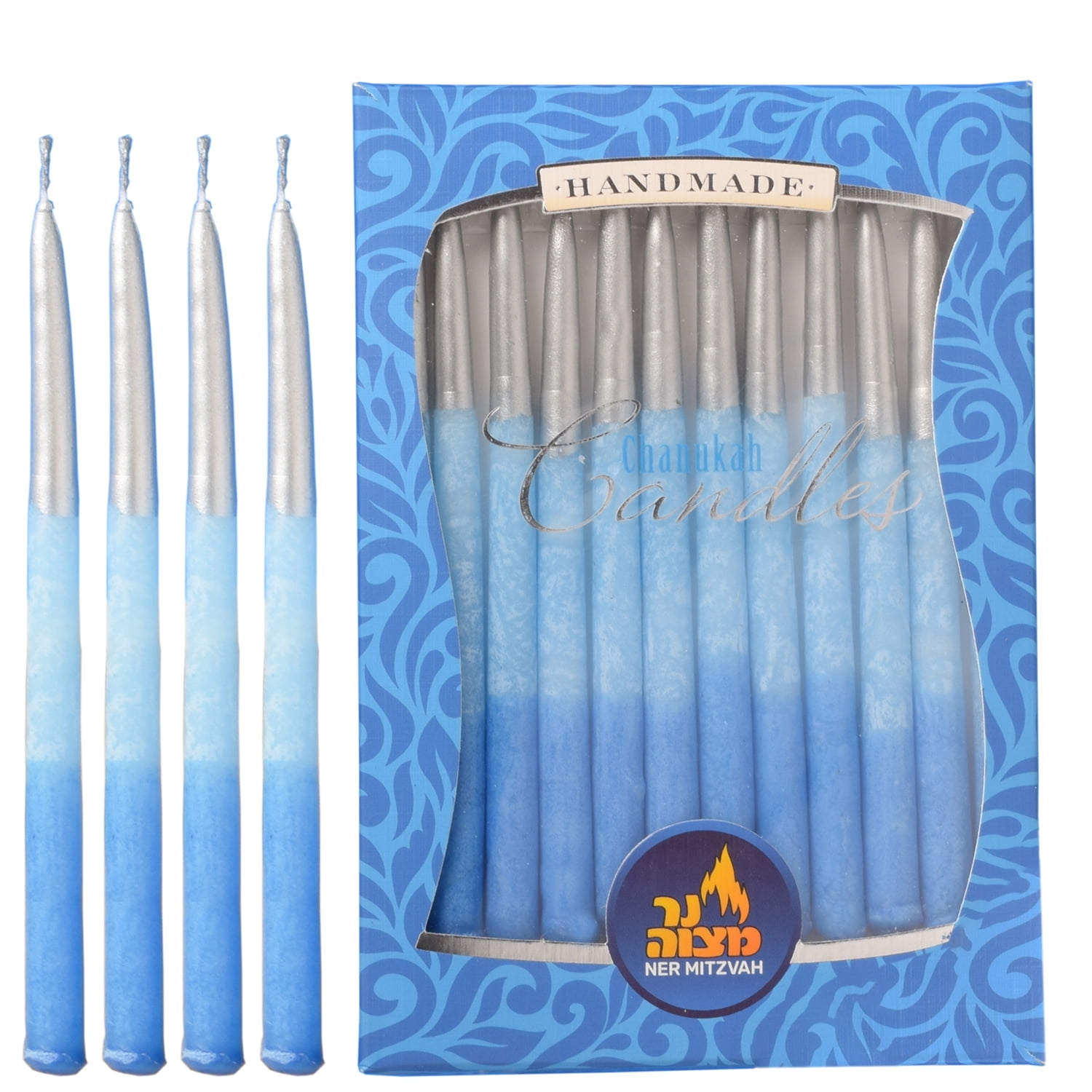 Ner Mitzvah, Blue And Silver Handmade Metallic And Decorated Hanukkah Menorah And Birthday Candles - Standard Size (45 Pack)