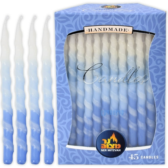 Ner Mitzvah, Blue And White Handmade Spiral Hanukkah Menorah Candles - Standard Size (45 Pack)