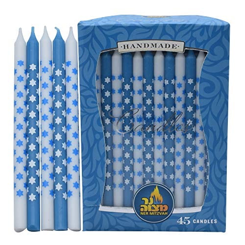 Ner Mitzvah, Blue And White Handmade Star Of David Hanukkah Menorah Candles - Standard Size (45 Pack)