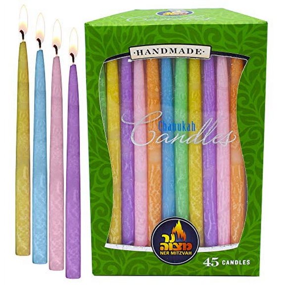 Ner Mitzvah, Colorful, Handmade Hanukkah Menorah Candles - Standard Size (45 Pack)
