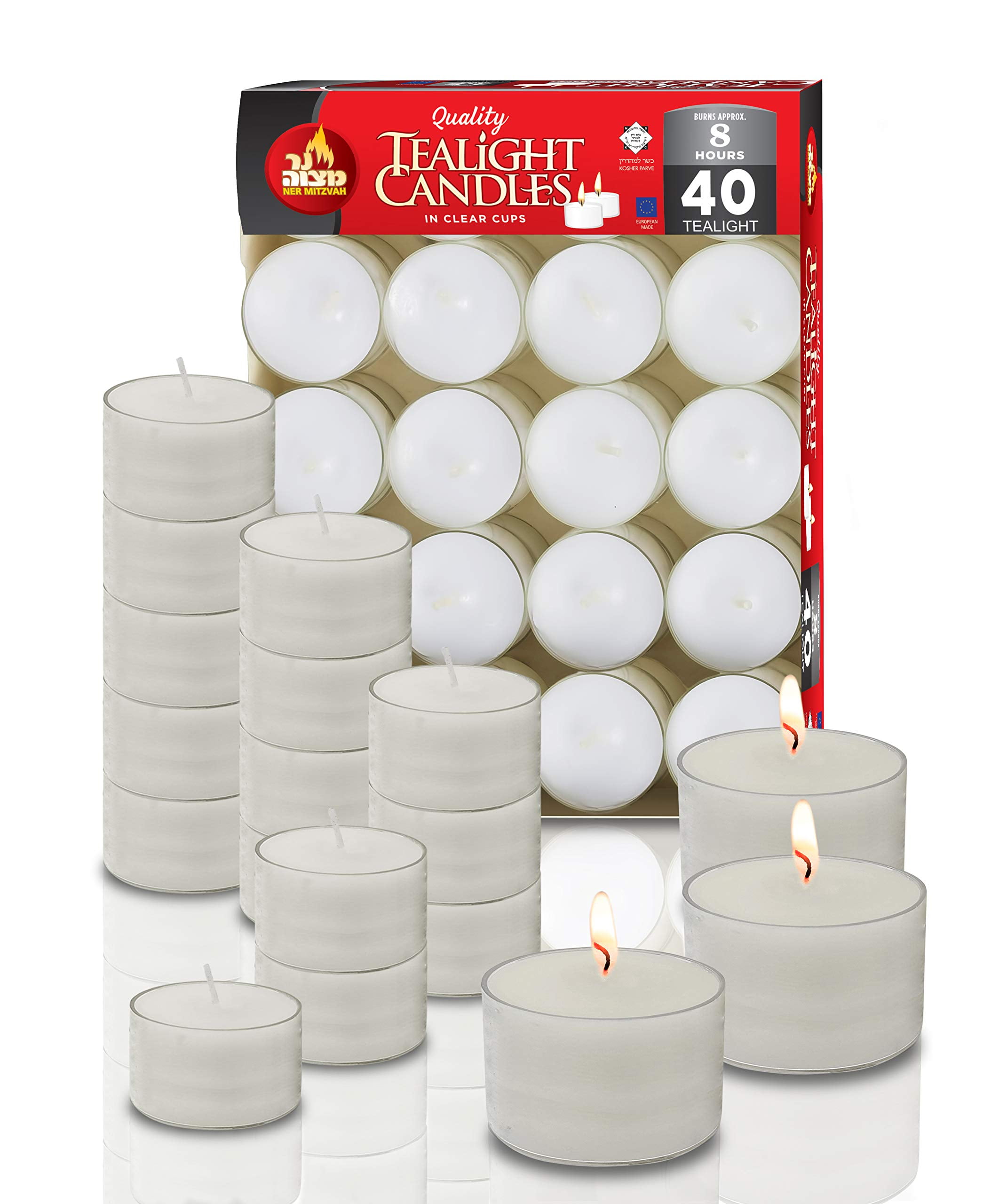 Ner Mitzvah Long Burning Tealight Candles 8 Hours White in Clear