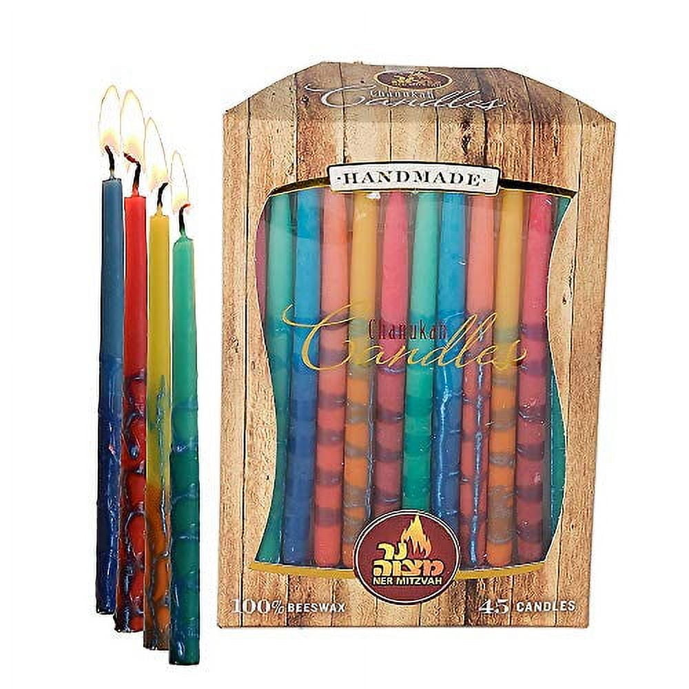 Ner Mitzvah, Multicolor Handmade Natural Beeswax Decorated Hanukkah Menorah Candles - Standard Size (45 Pack)