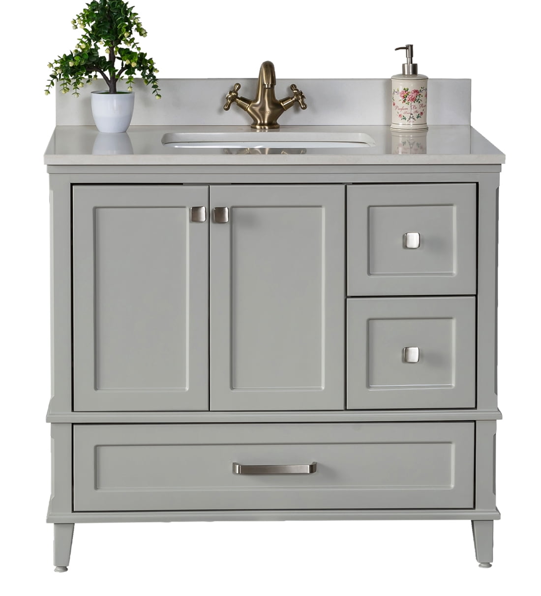 Nera Collection 36'' Gray Vanity with Quartz Top, Dual Sink, Triple ...