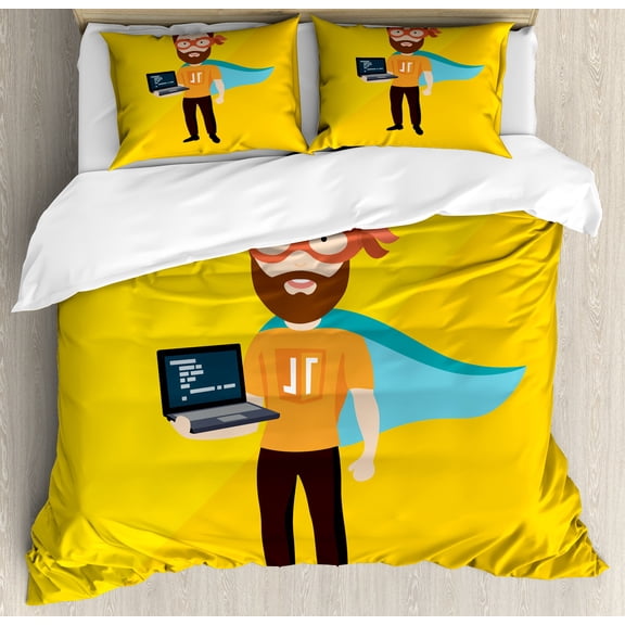 Nerd Duvet Cover Set, Man Wears a Cape Superhero Holding a Laptop Futuristic Geeky Design, Decorative 3 Piece Bedding Set with 2 Pillow Shams, Calking Size, Earth Yellow and Multicolor, by Ambesonne