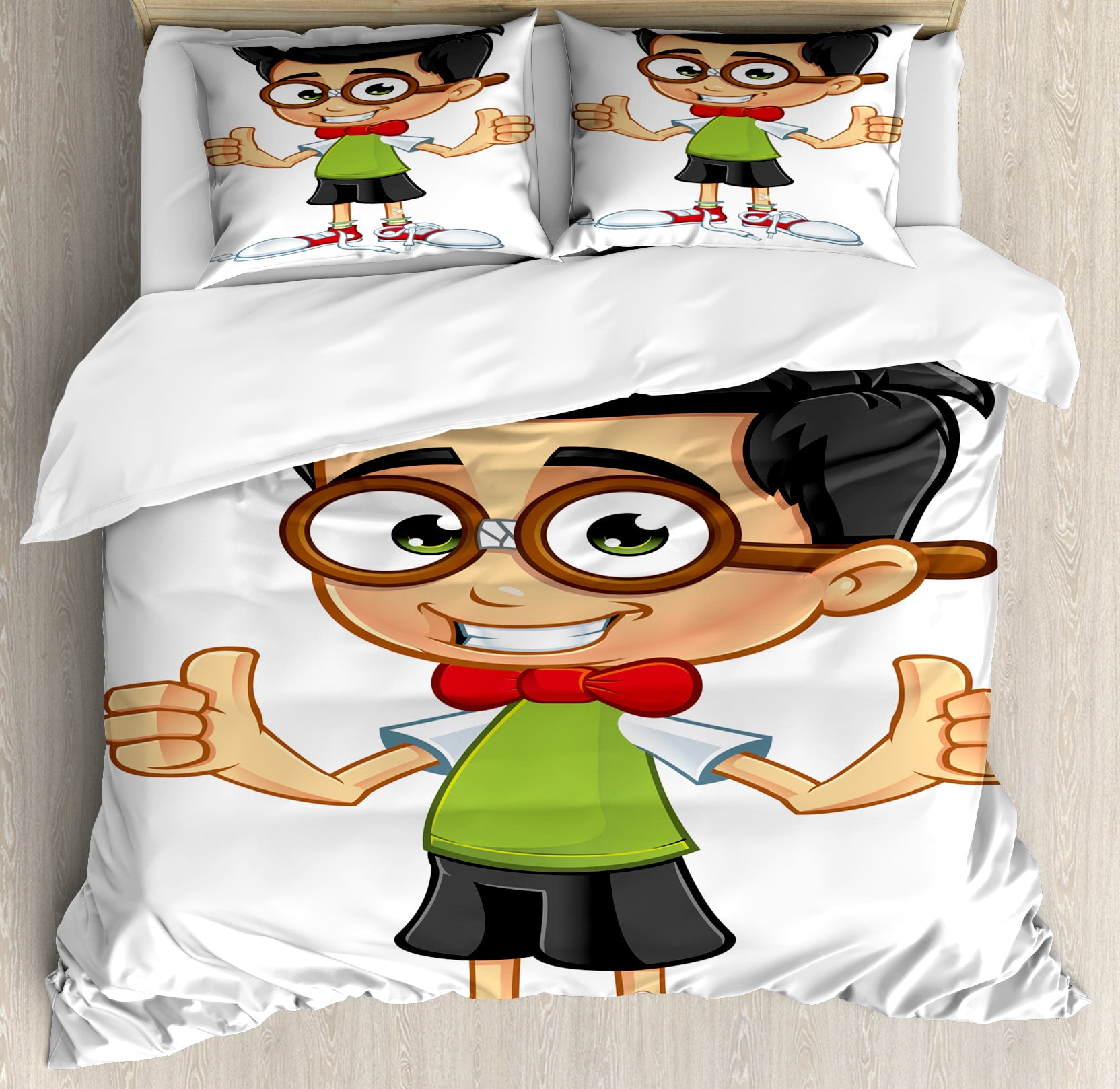 Nerd Duvet Cover Set, Pattern of a Happy Young Boy Character with