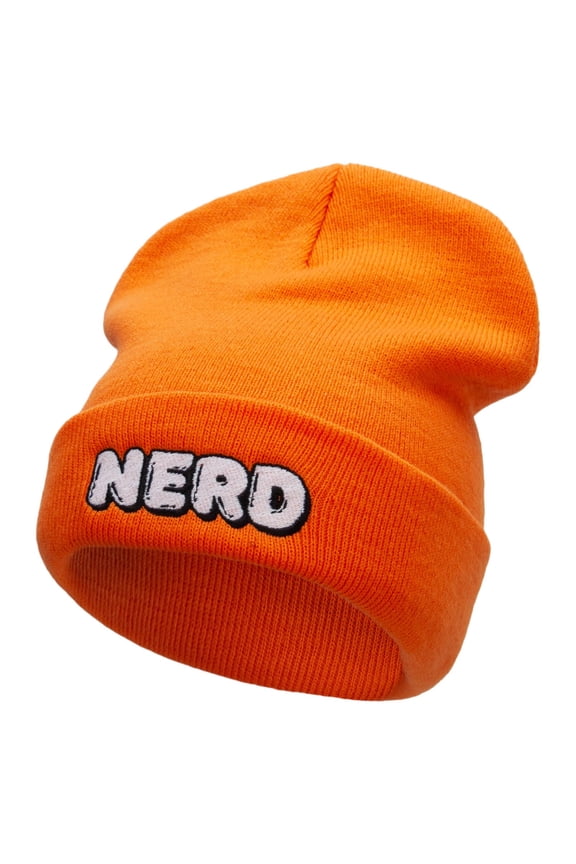 Nerd Embroidered 12 Inch Long Knitted Beanie - Orange OSFM