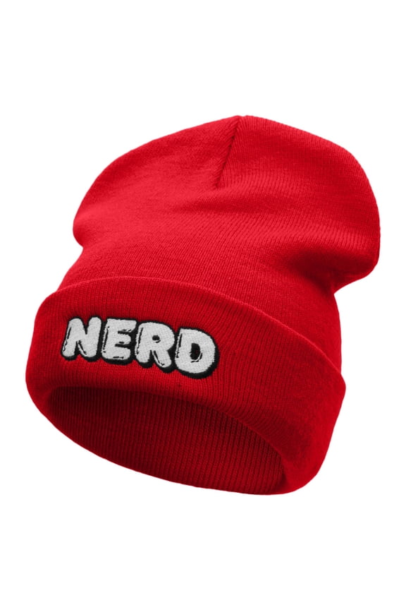 Nerd Embroidered 12 Inch Long Knitted Beanie - Red OSFM