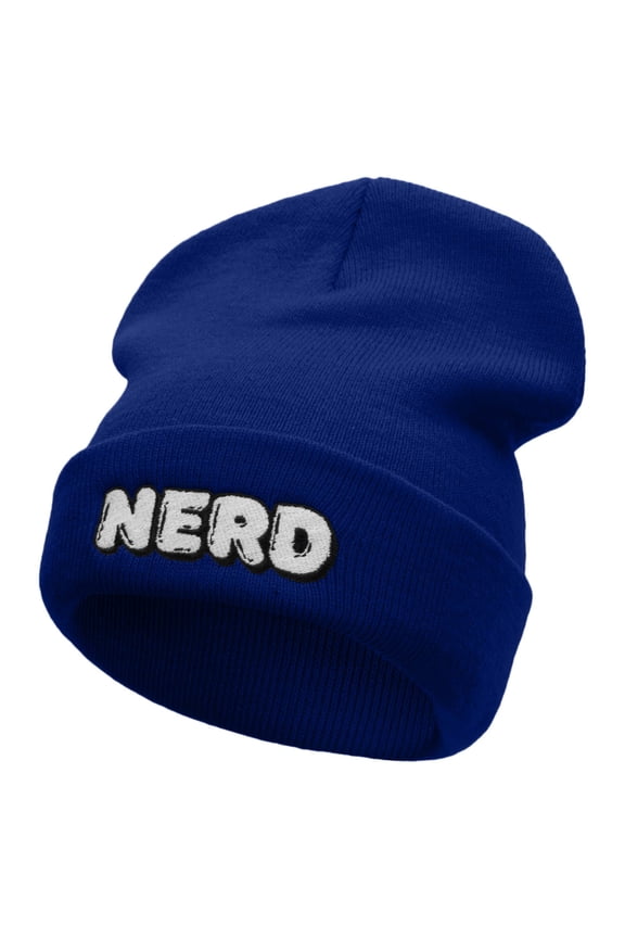 Nerd Embroidered 12 Inch Long Knitted Beanie - Royal OSFM